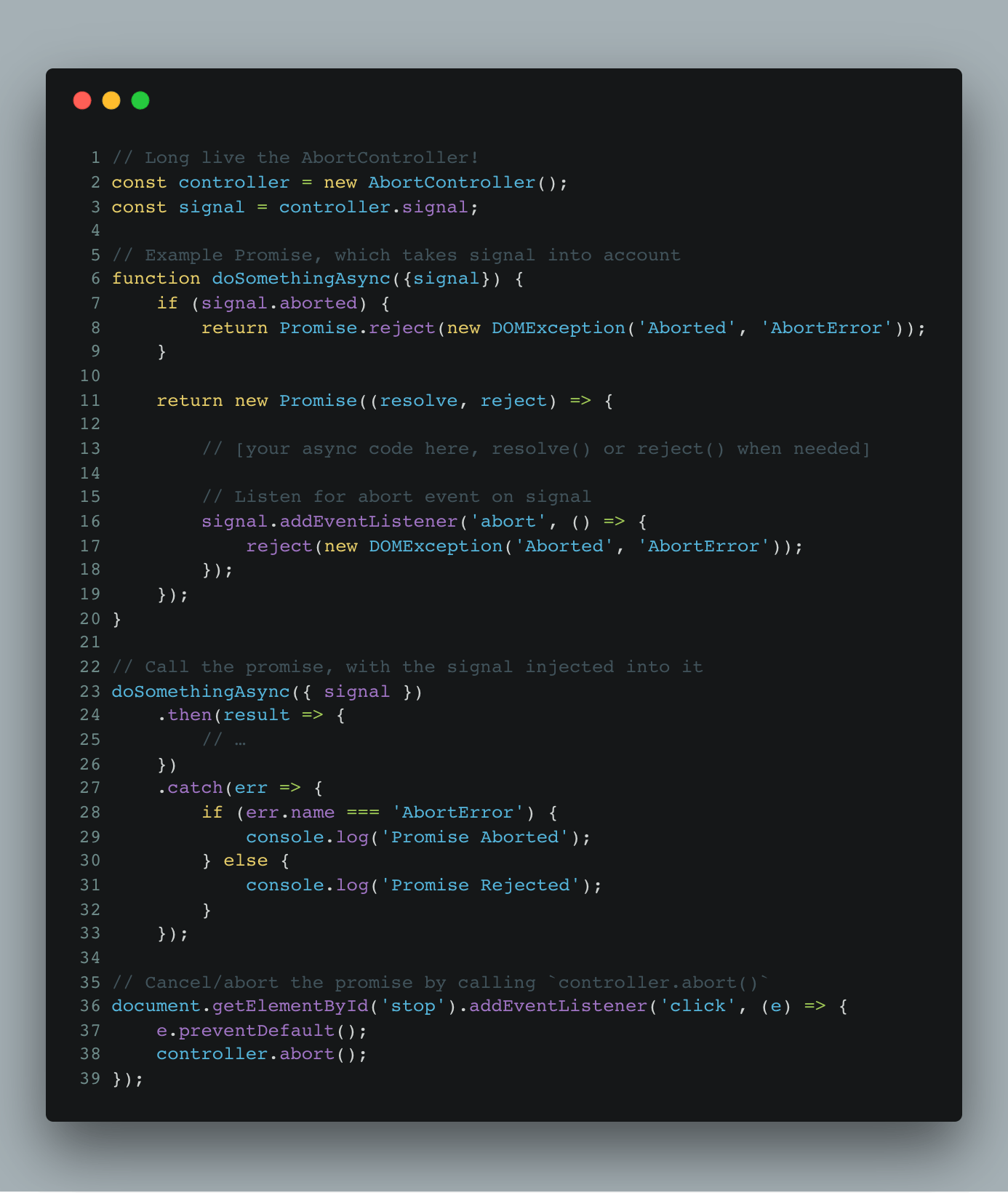 Cancel a JavaScript Promise with AbortController Bram.us