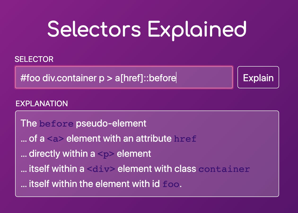 Selectors Explained — Translate CSS selectors into plain English Bram.us