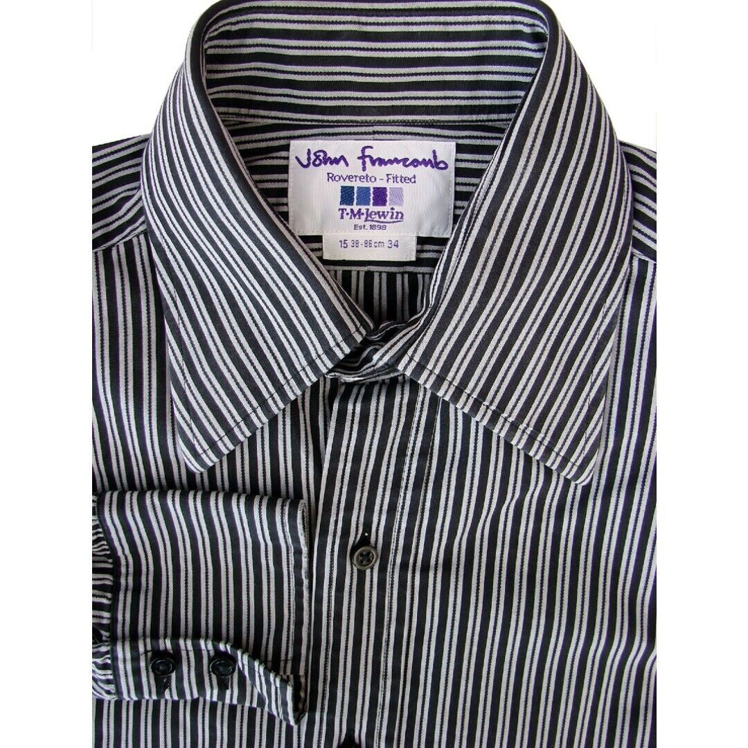 JOHN TM LEWIN Shirt Mens 15 S Black Grey Stripes ROVERETO
