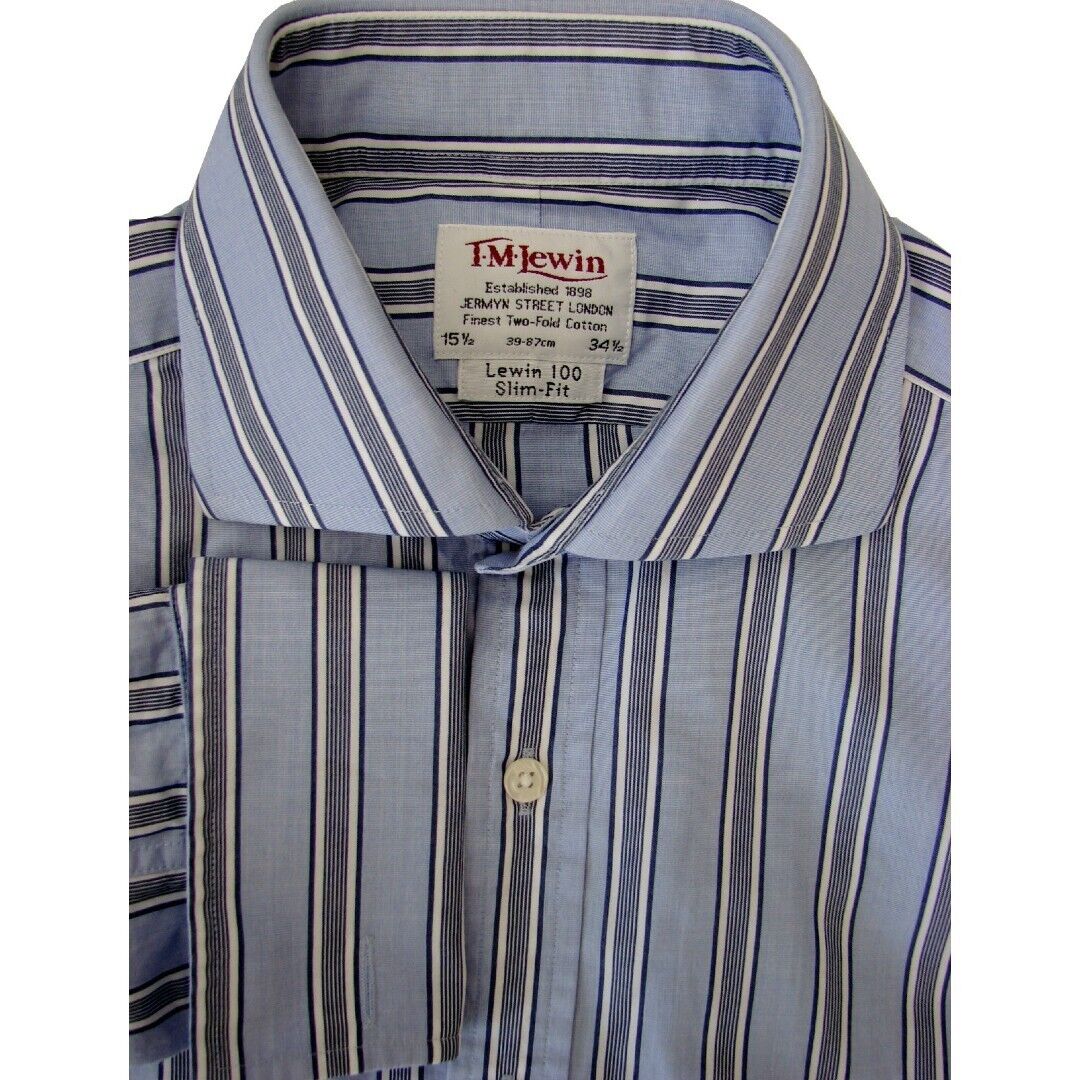 TM LEWIN 100 Shirt Mens 15.5 M Light Blue Dark Blue & White Stripes