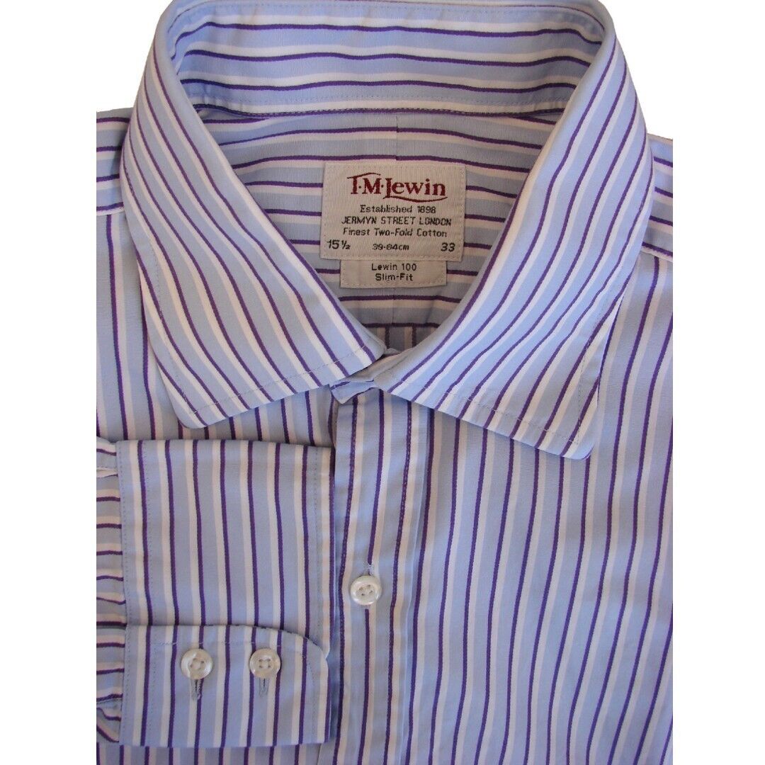 TM LEWIN 100 Shirt Mens 15.5 M Blue Purple & White Stripes SLIM FIT
