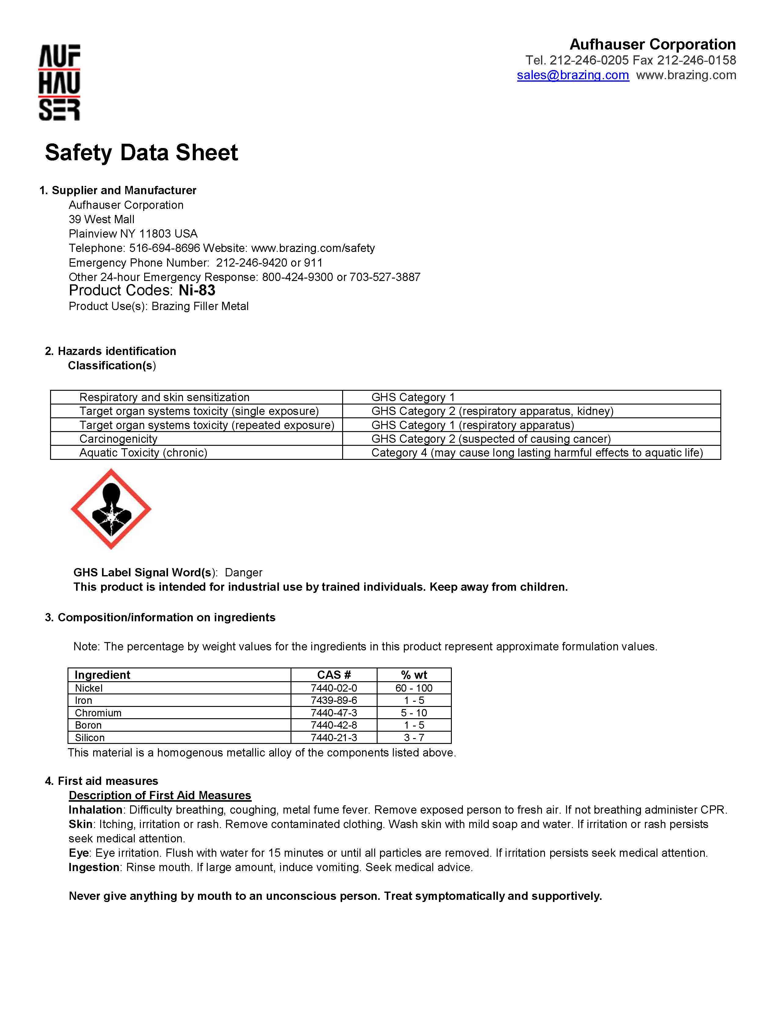 Aufhauser Nickel Brazing Alloys Ni83