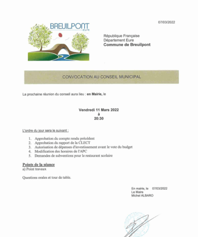 Prochain conseil municipal le vendredi 11 mars 2022 Breuilpont