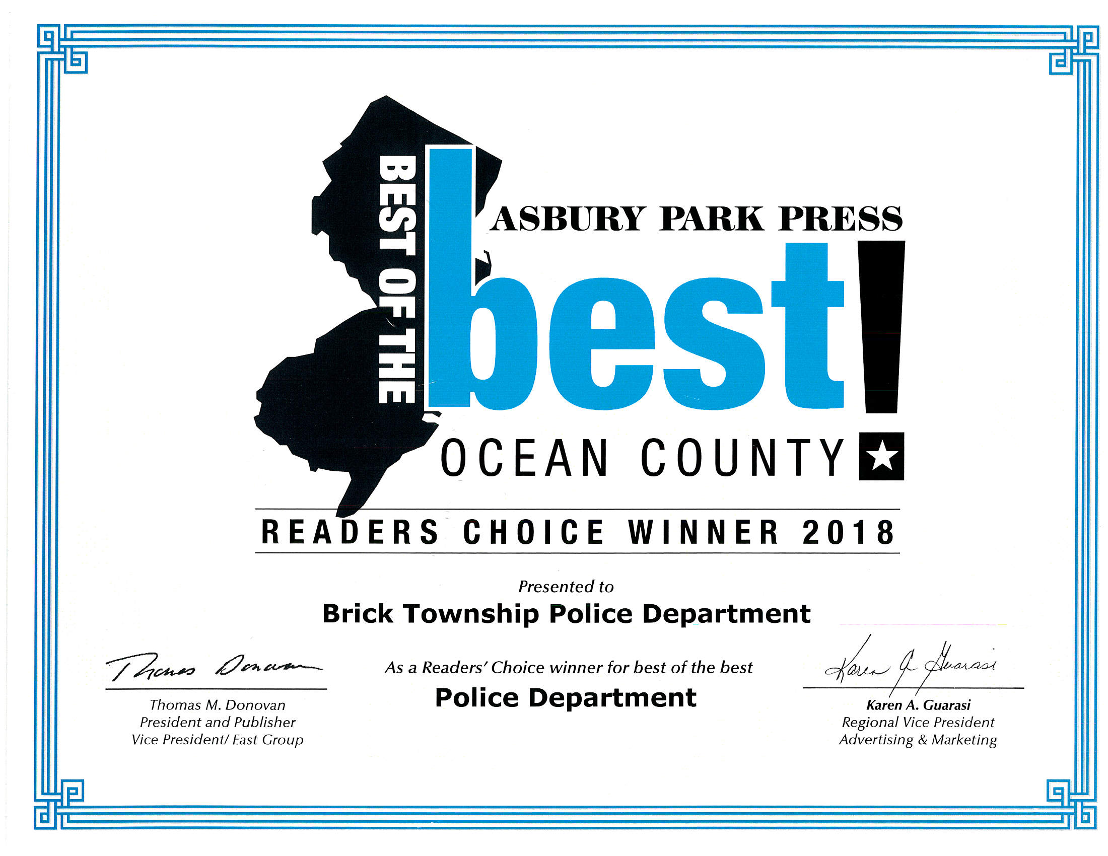 2018 “Best of the Best” Police Department in Ocean County Brick