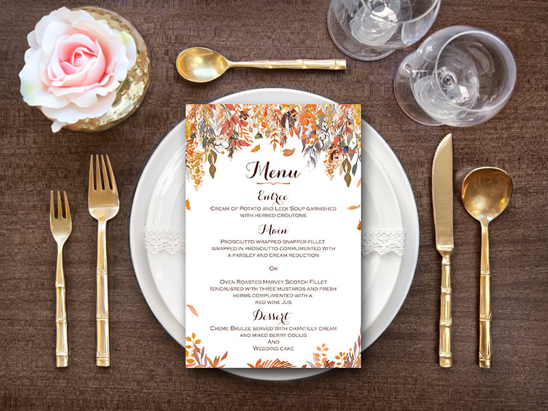 Fall Autumn Wedding Menu, Engagement Party Menu Bride & Bows