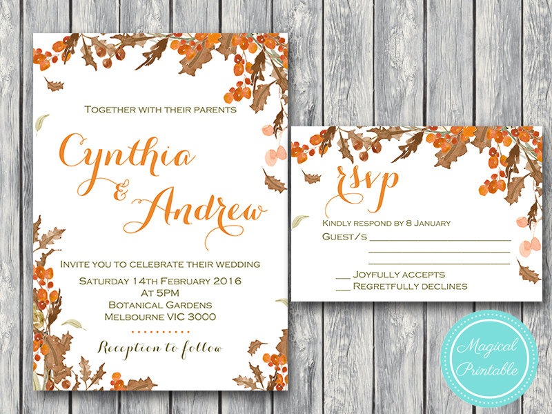 Fall Autumn Wedding Invitation, RSVP, Engagement Party Invite