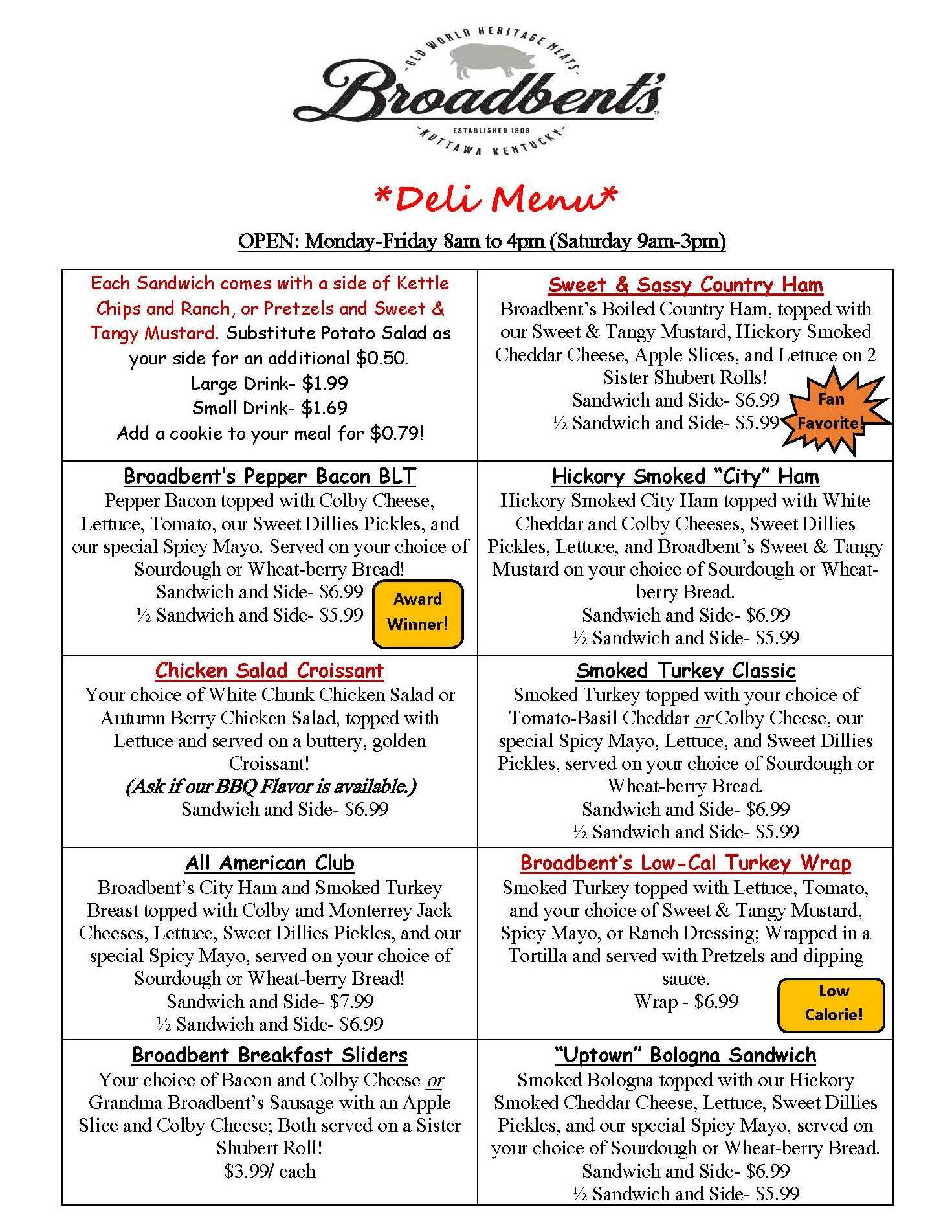 Broadbent Deli Menu Kuttawa, Kentucky