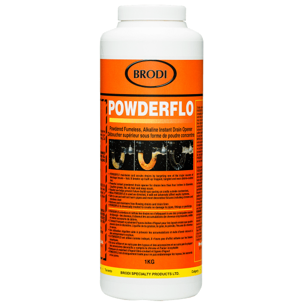 PowderFlo, Powdered fumeless, alkaline instant drain opener