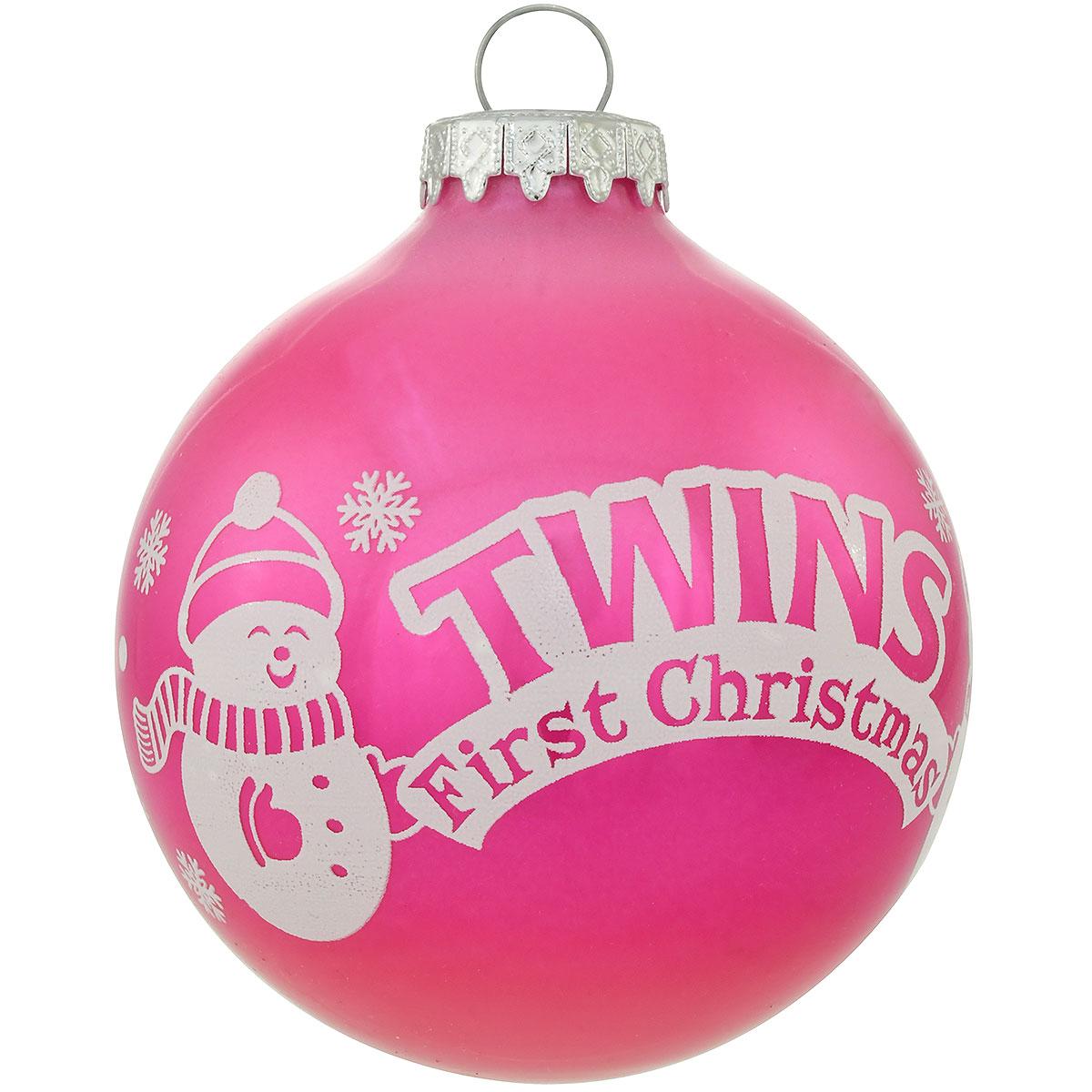 Personalized Twins 1st Christmas Pink Glass Ornament