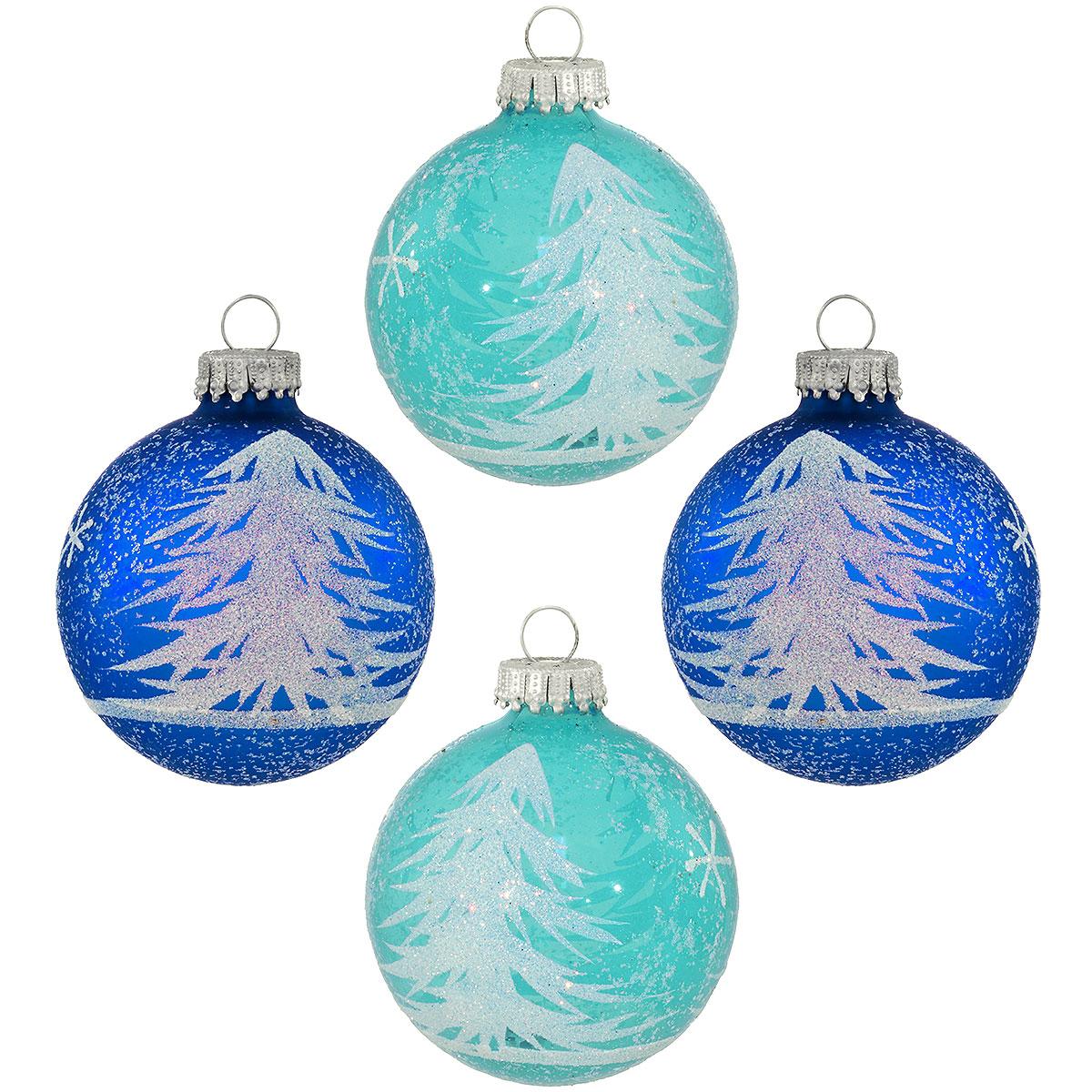 Set Of 4 Aqua And Blue Glass Ornaments With White Glitter Tree Designs