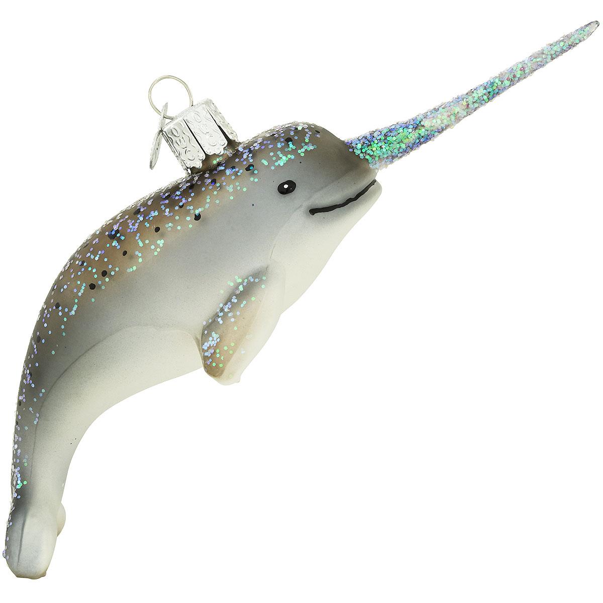 6 Inch Gray Narwhal Glass Ornament