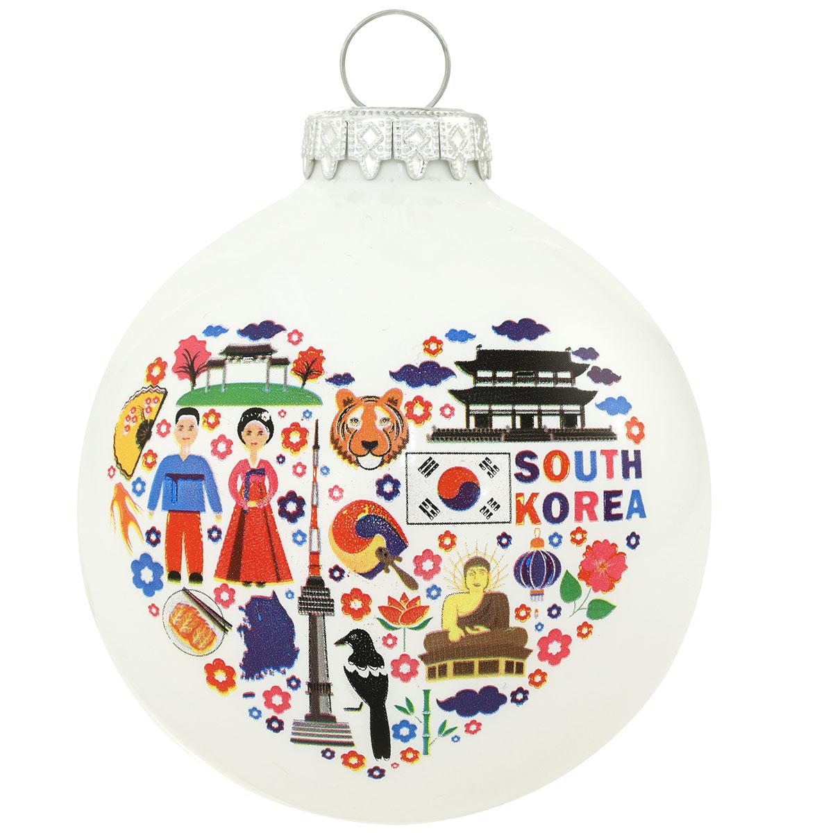 South Korea Icons On Heart Glass Ornament