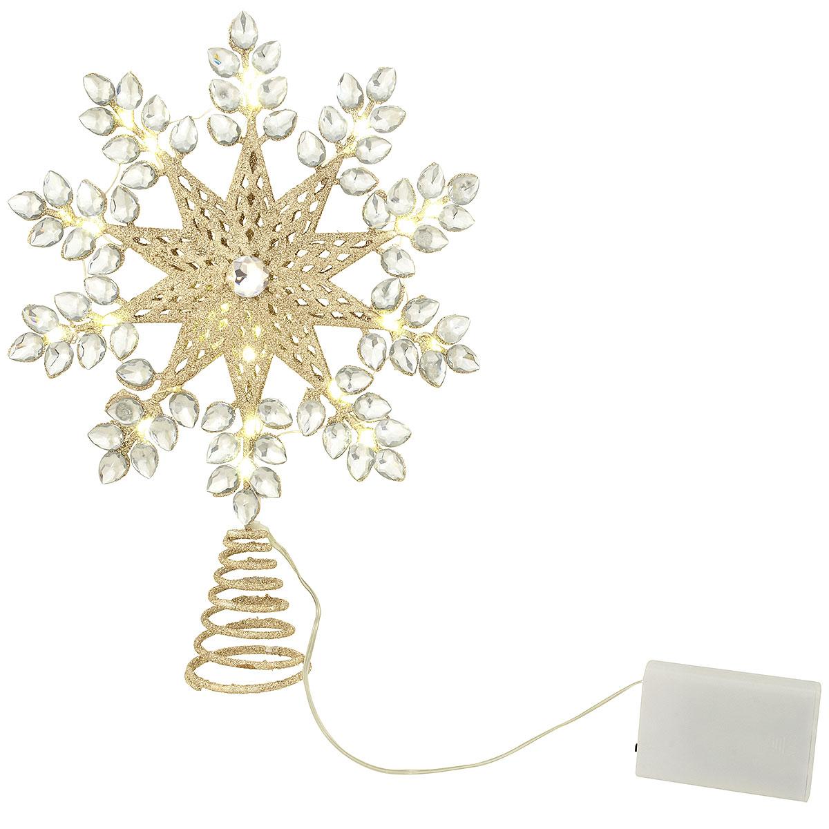 Snowflake Lighted Tree Topper With Gold Glitter And Acrylic Gems