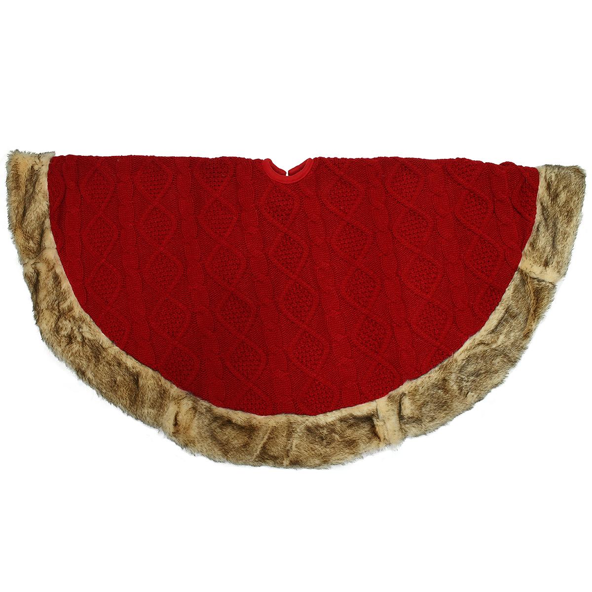 48 Inch Red Cable Knit Tree Skirt With Tan Fur Border
