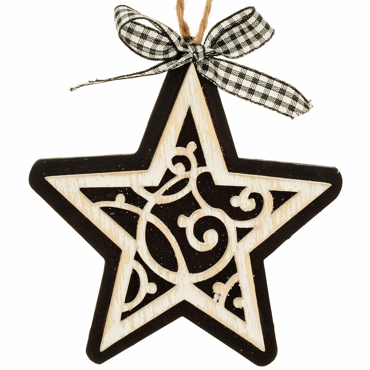 Star Wooden Ornament With Buffalo Plaid Ribbon