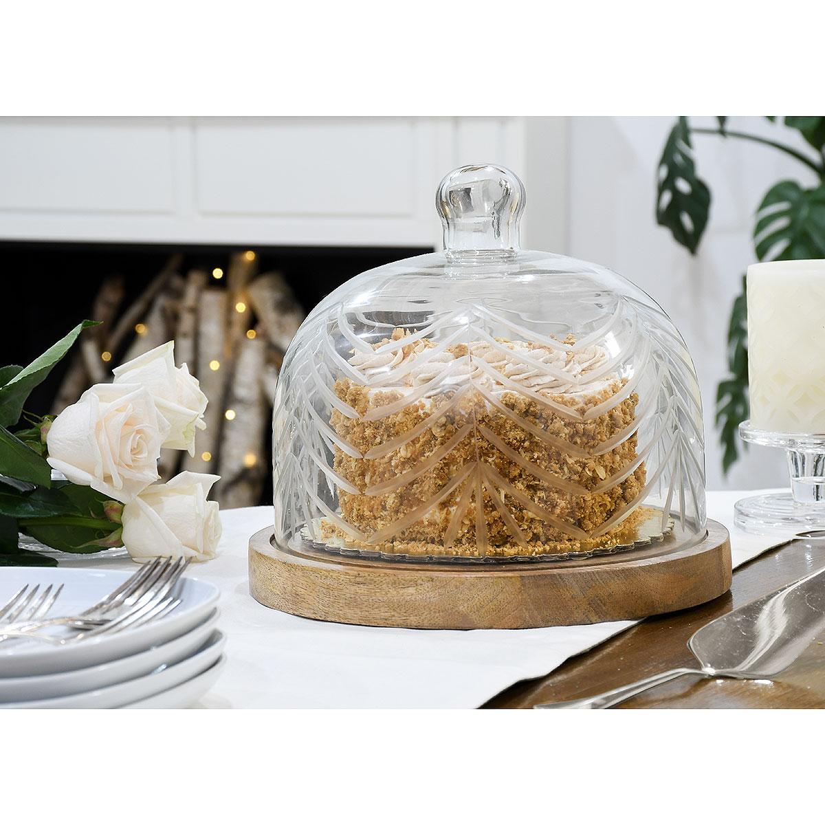 Etched Glass Food Dome With Wood Base