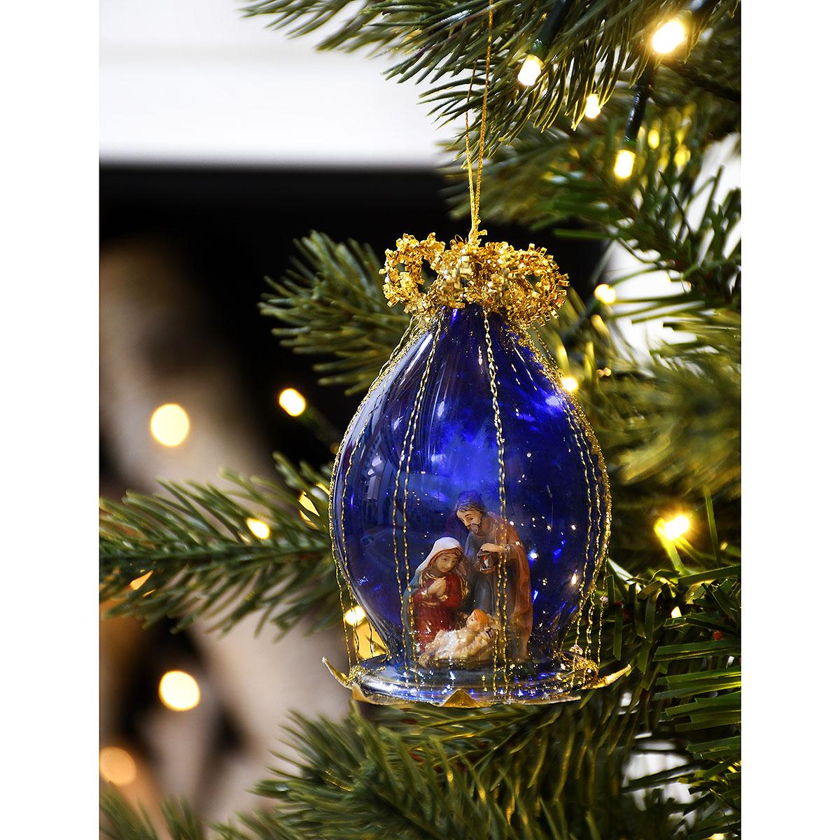 Holy Family Dome With Blue Background And Gold Accents Glass Ornament