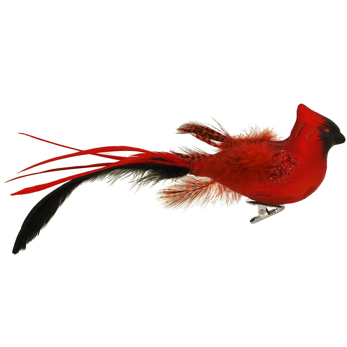 Cardinal ClipOn Glass Ornament With Real Feathers