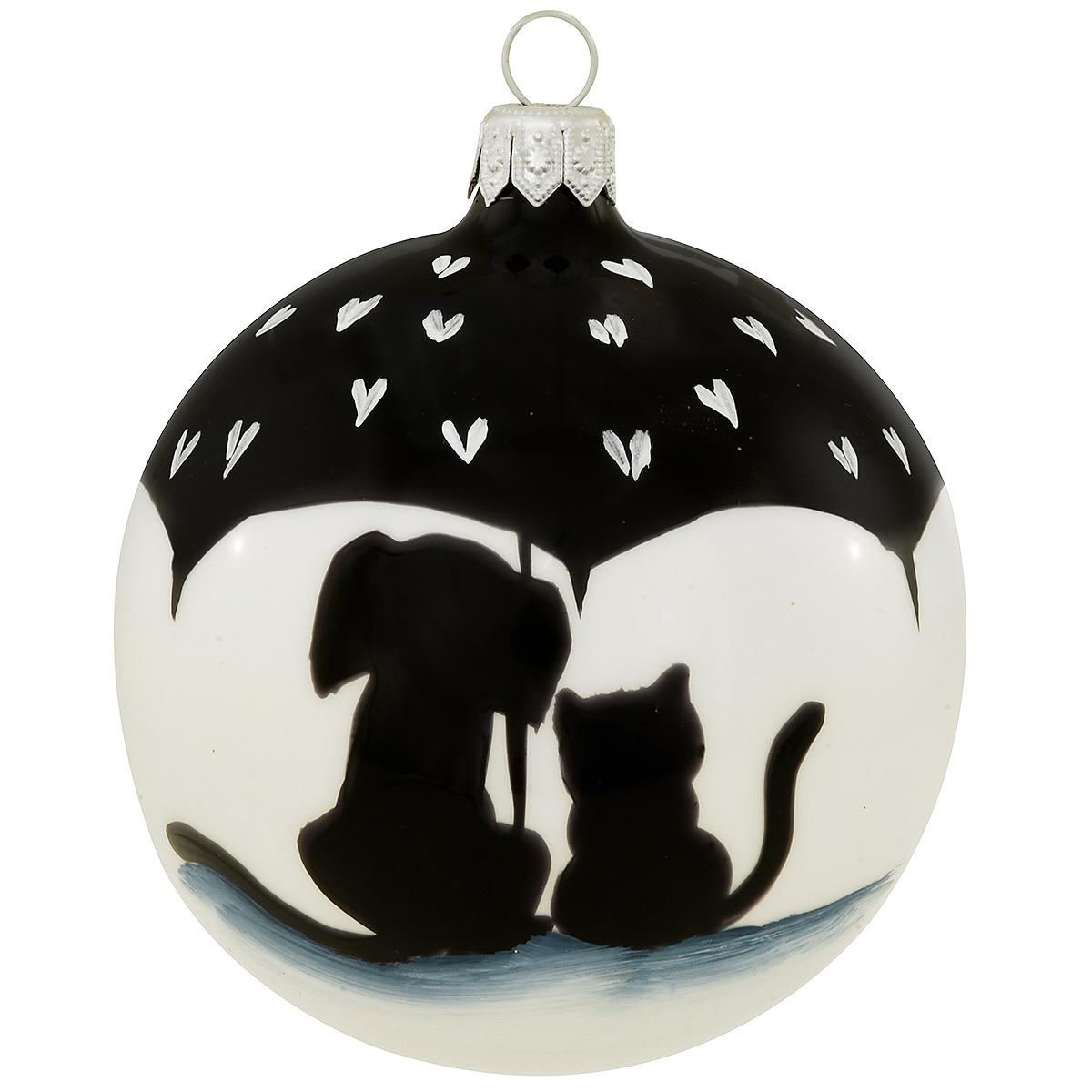 Cat And Dog Under Umbrella Glass Ornament