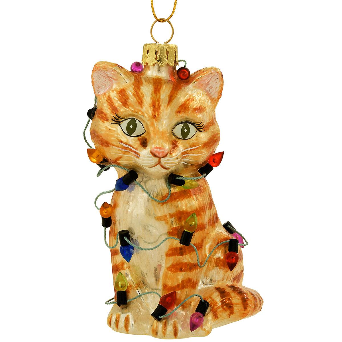 Tabby Yellow Cat Wrapped In Lights Glass Ornament