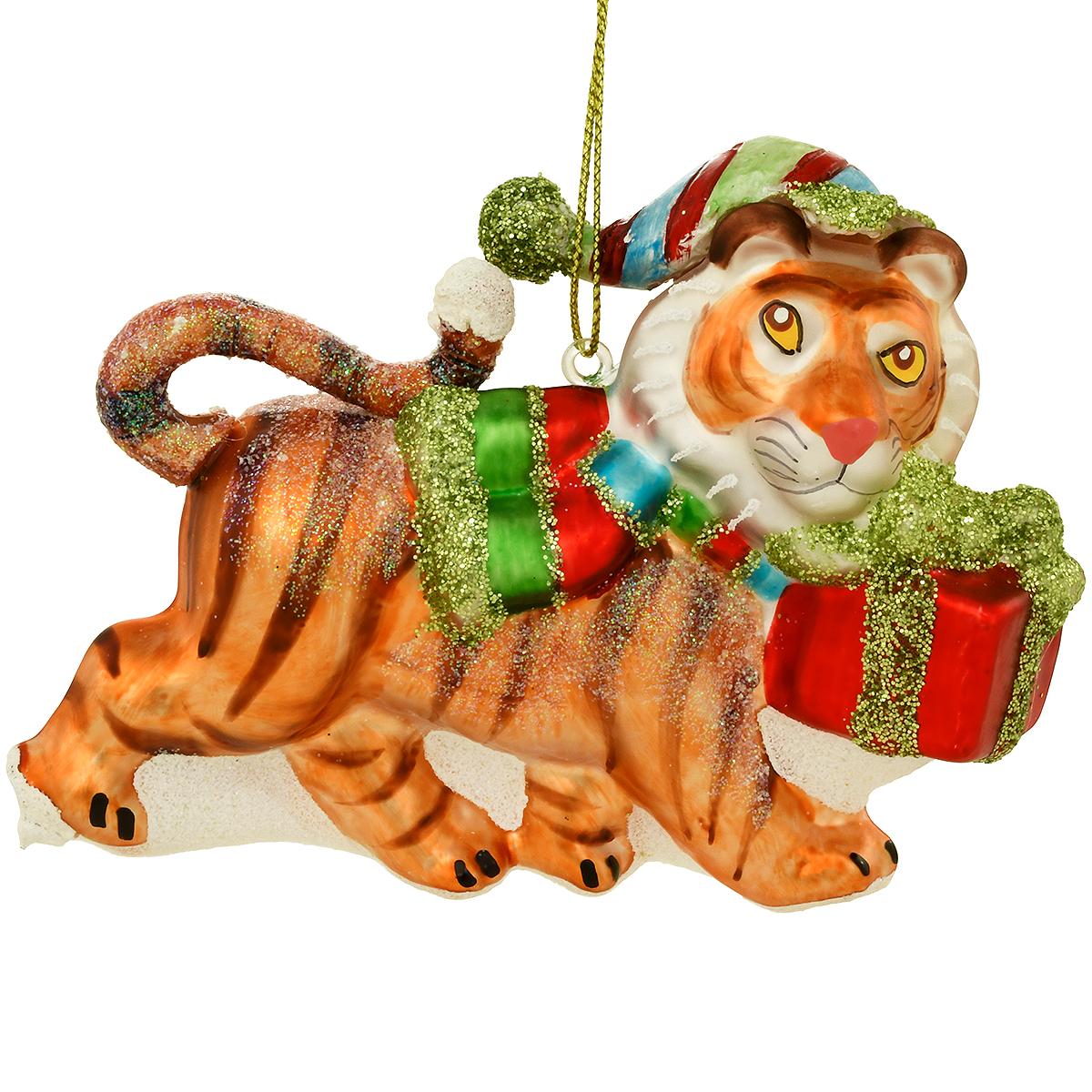 Tiger With Gift Package Glass And Resin Ornament