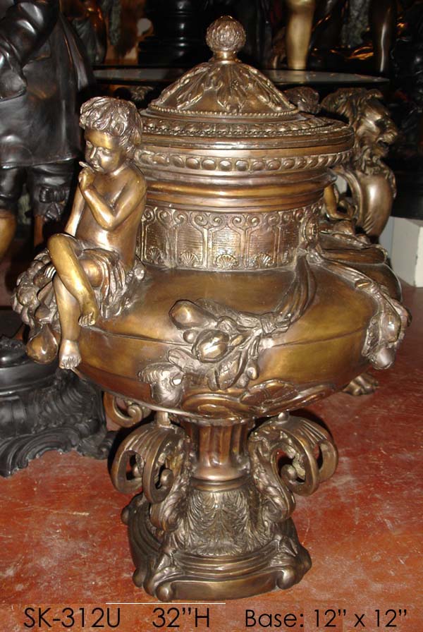 Two Cherub Urn/Lid on Column Bronze Statues and Fountains
