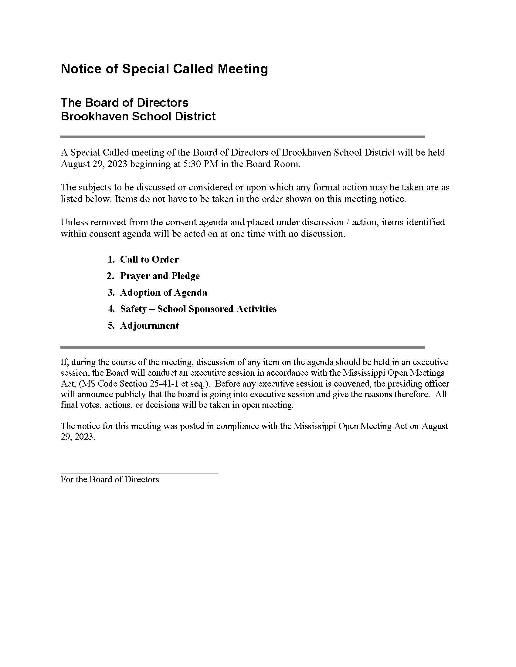 Special Called Board Meeting 530 pm Tuesday August 29, 2023
