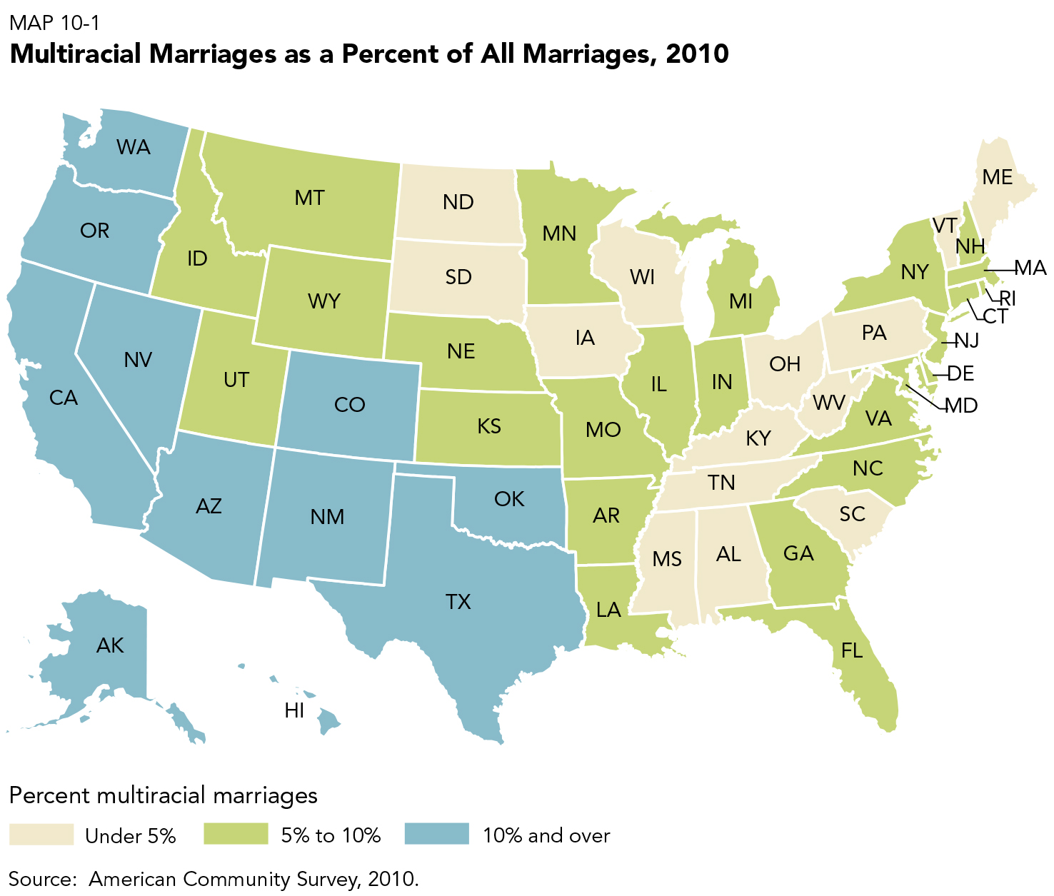 Multiracial marriages are dispersing across the country
