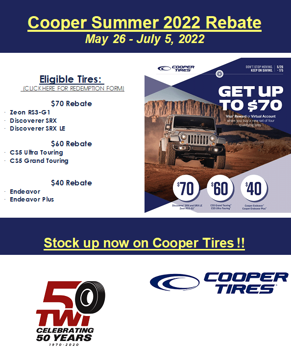 Cooper Tire Rebate Summer 2022 Brooklyn Auto Care Promotions | Brooklyn Mi 49230