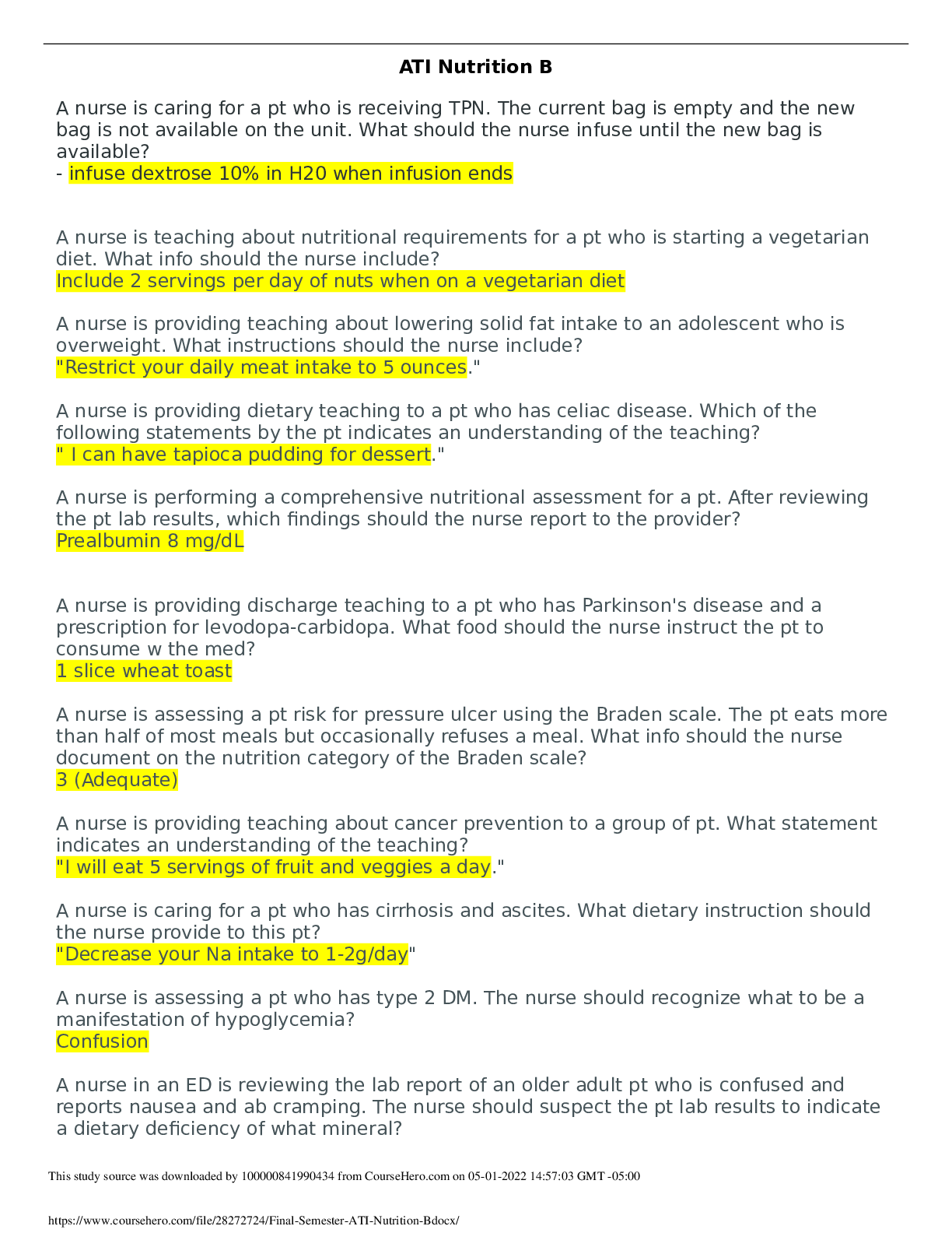ATI Nutrition Proctored Final Exam [Latest 2021/2022}