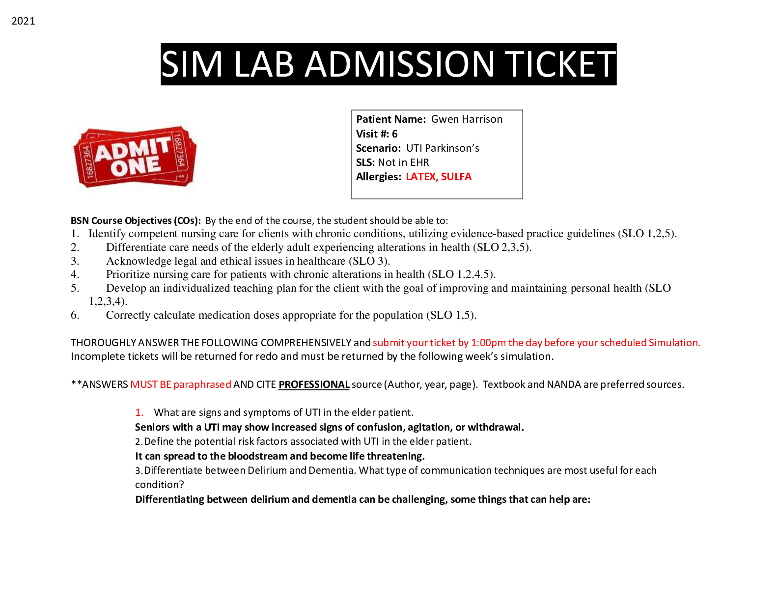 SIM LAB ADMISSION TICKET NEW Harrison 6 simulation ticket. Browsegrades