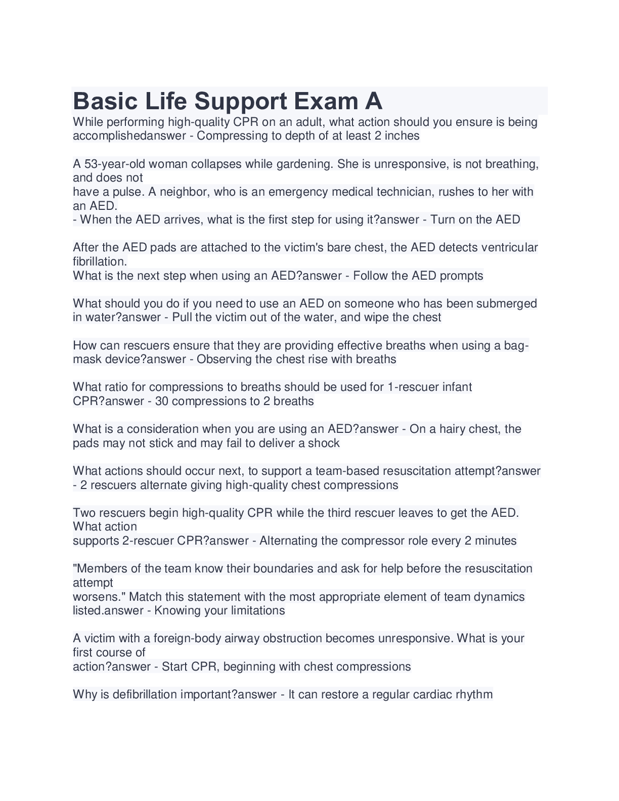Basic Life Support Exam A Browsegrades