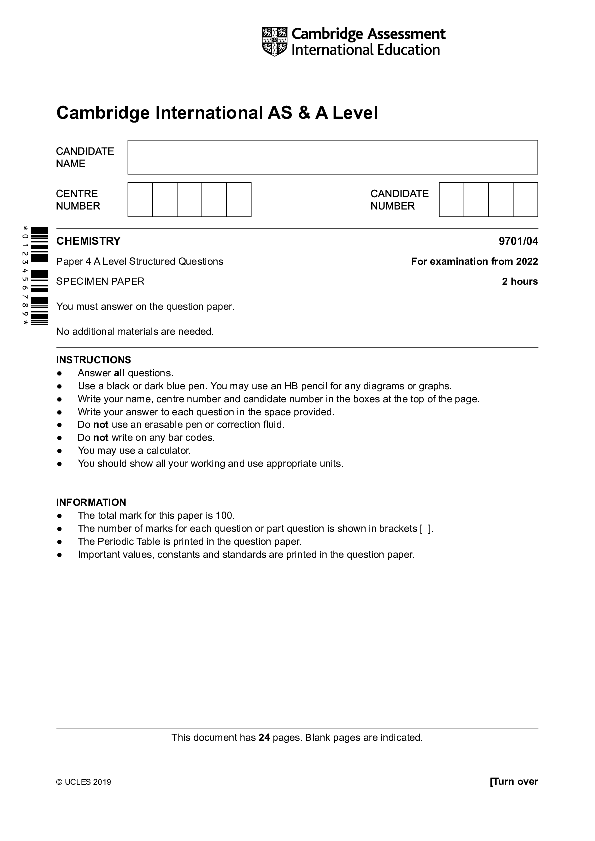 Cambridge International AS & A Level CHEMISTRY 9701/04 Paper 4 A Level