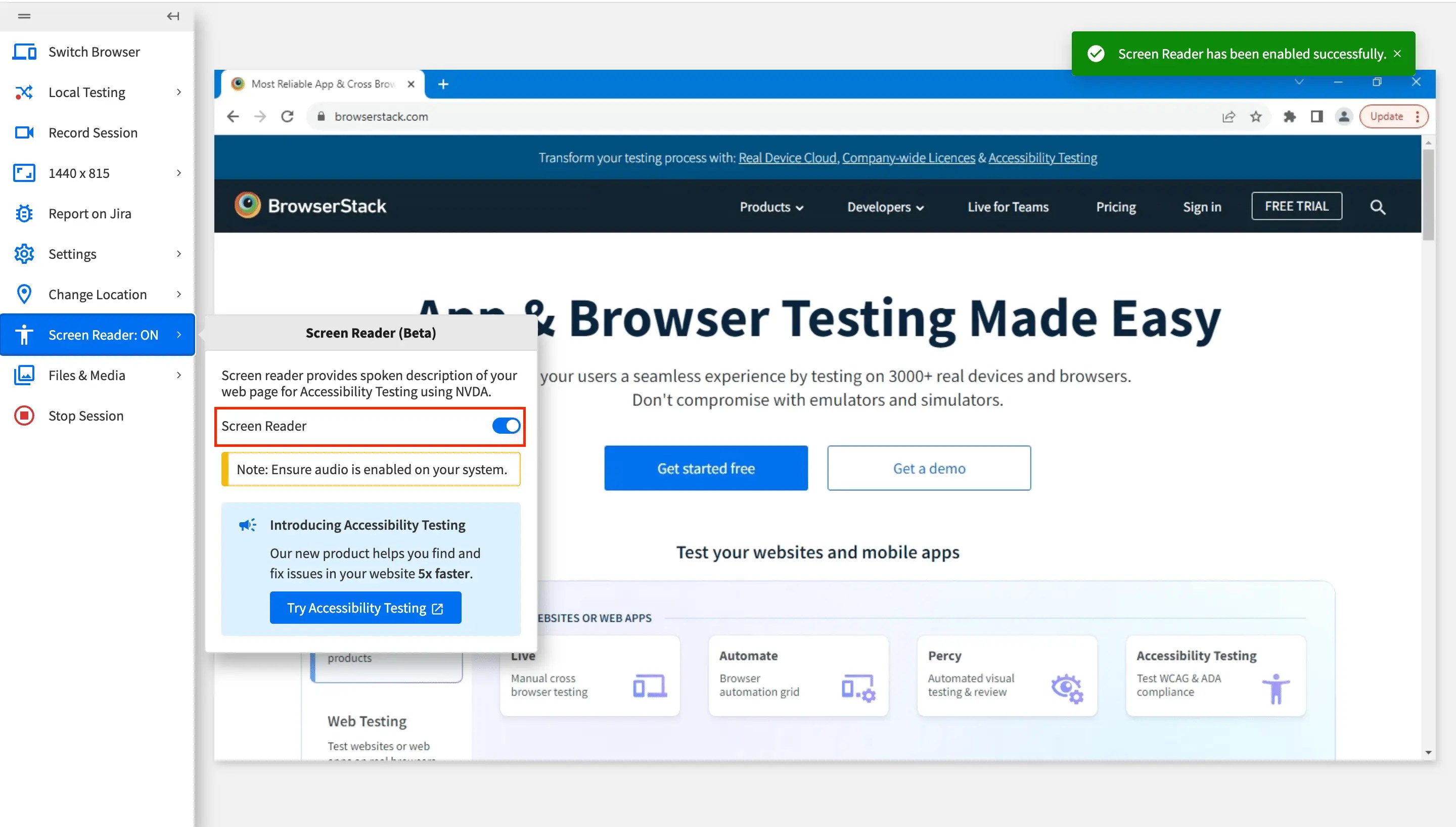 Test accessibility using the Screen Reader feature of BrowserStack Live