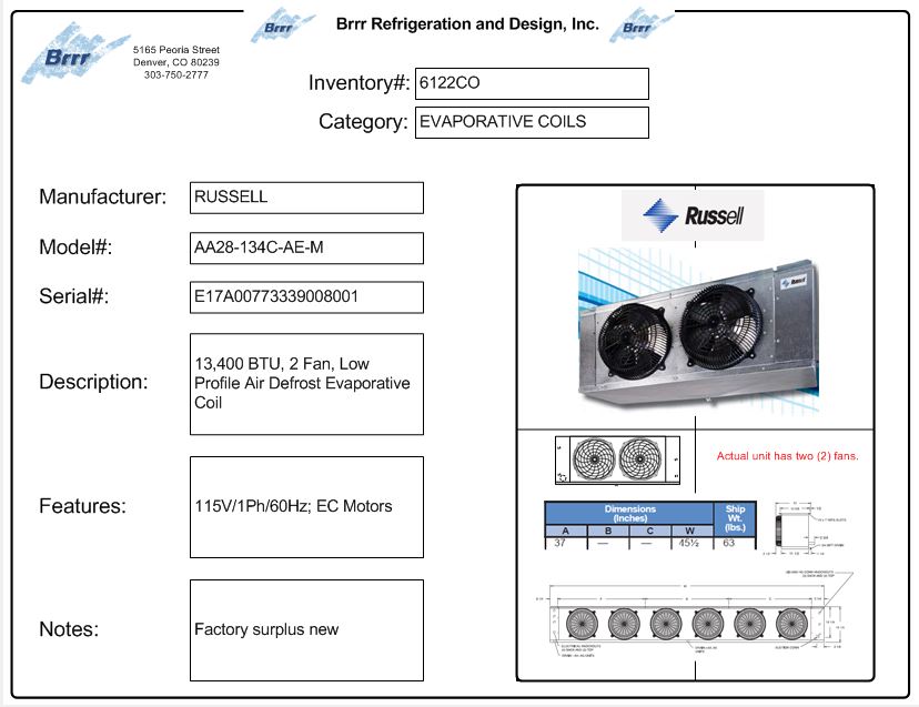Brrr Refrigeration & Design, Inc. Coils, Evaporative Russell