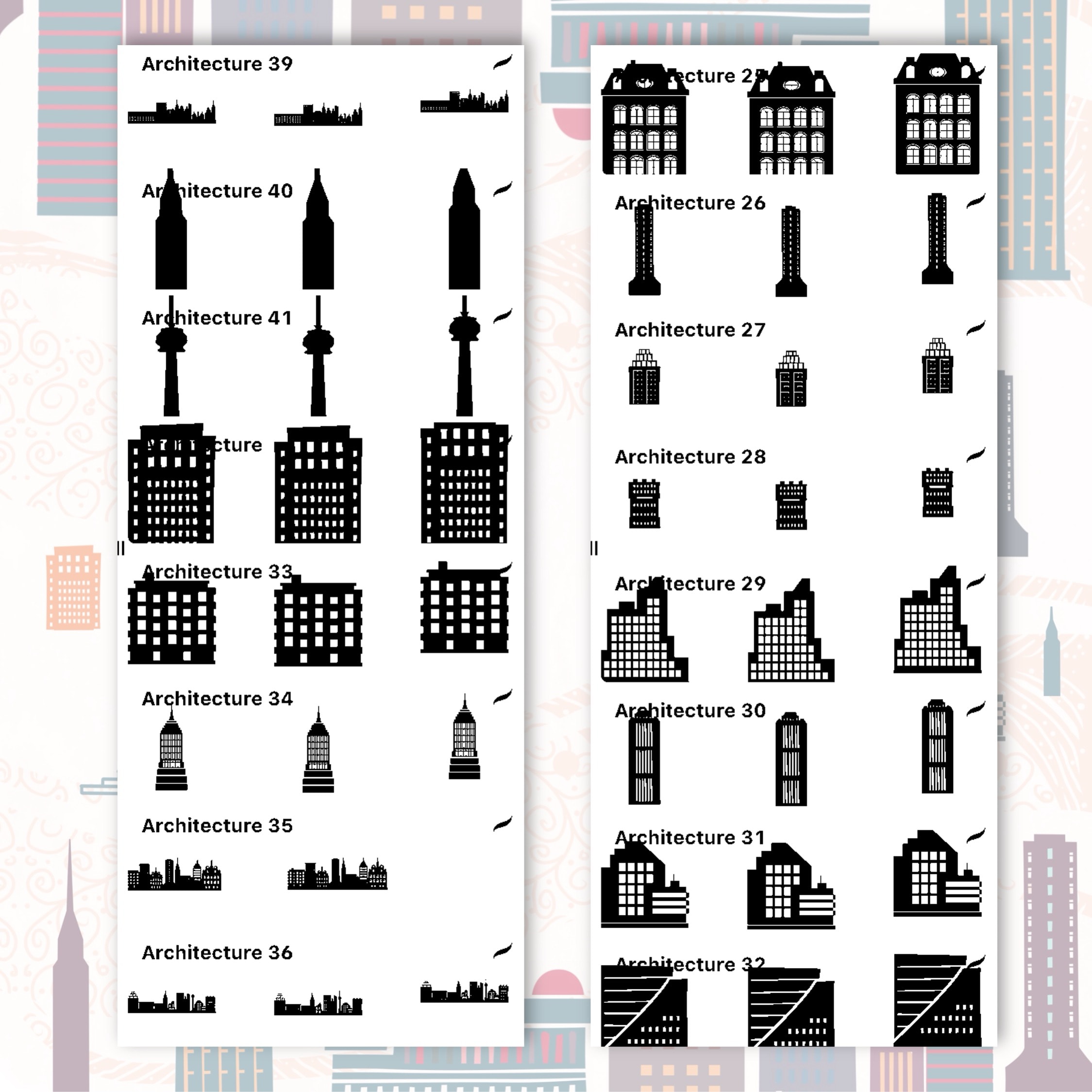38 Procreate Architecture Brushes Bundle, Brush pack, Cityscapes, city Silhouette, iPad