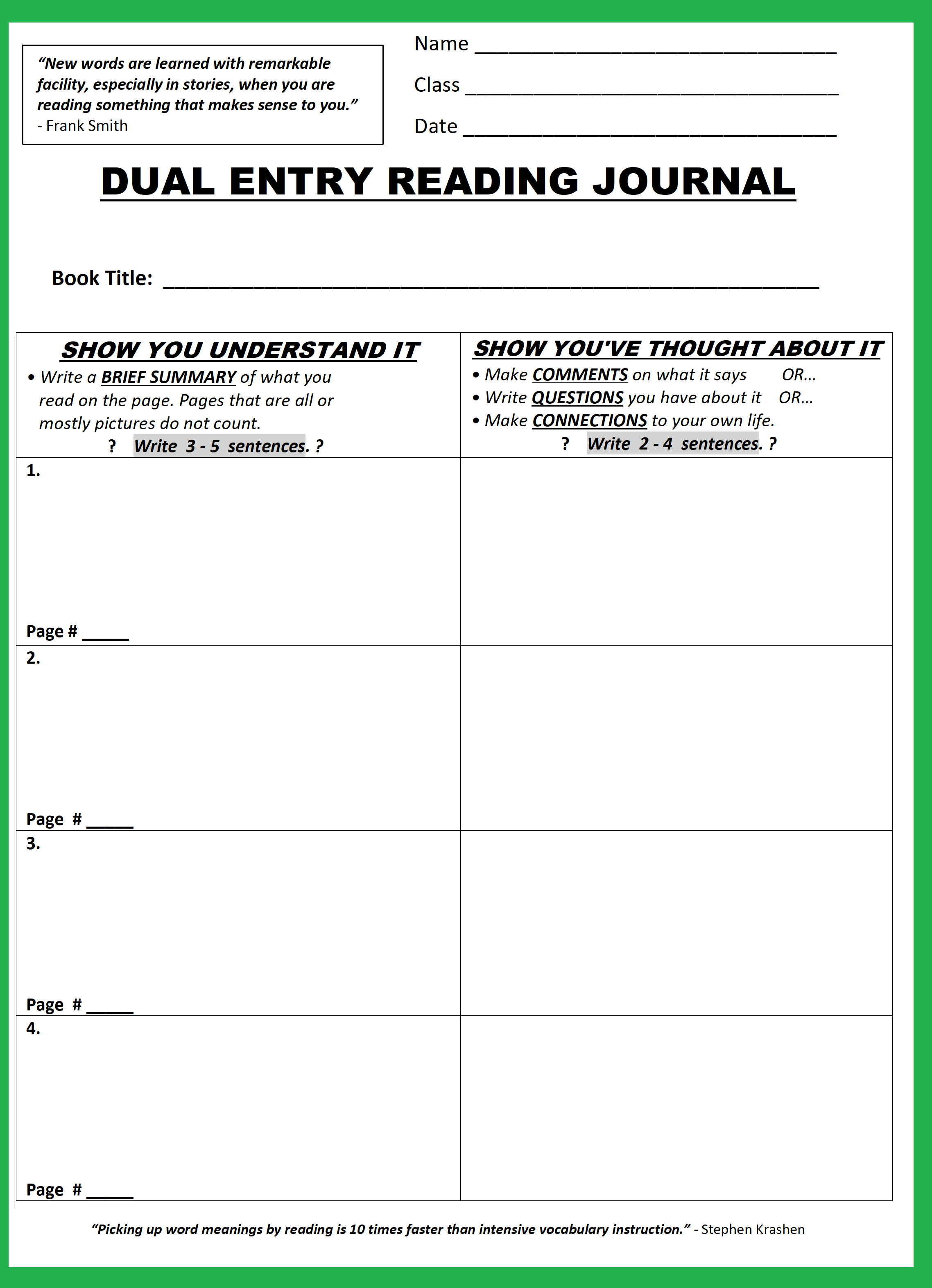 Dual Entry Reading Journals Bryce Hedstrom Comprehensible Input