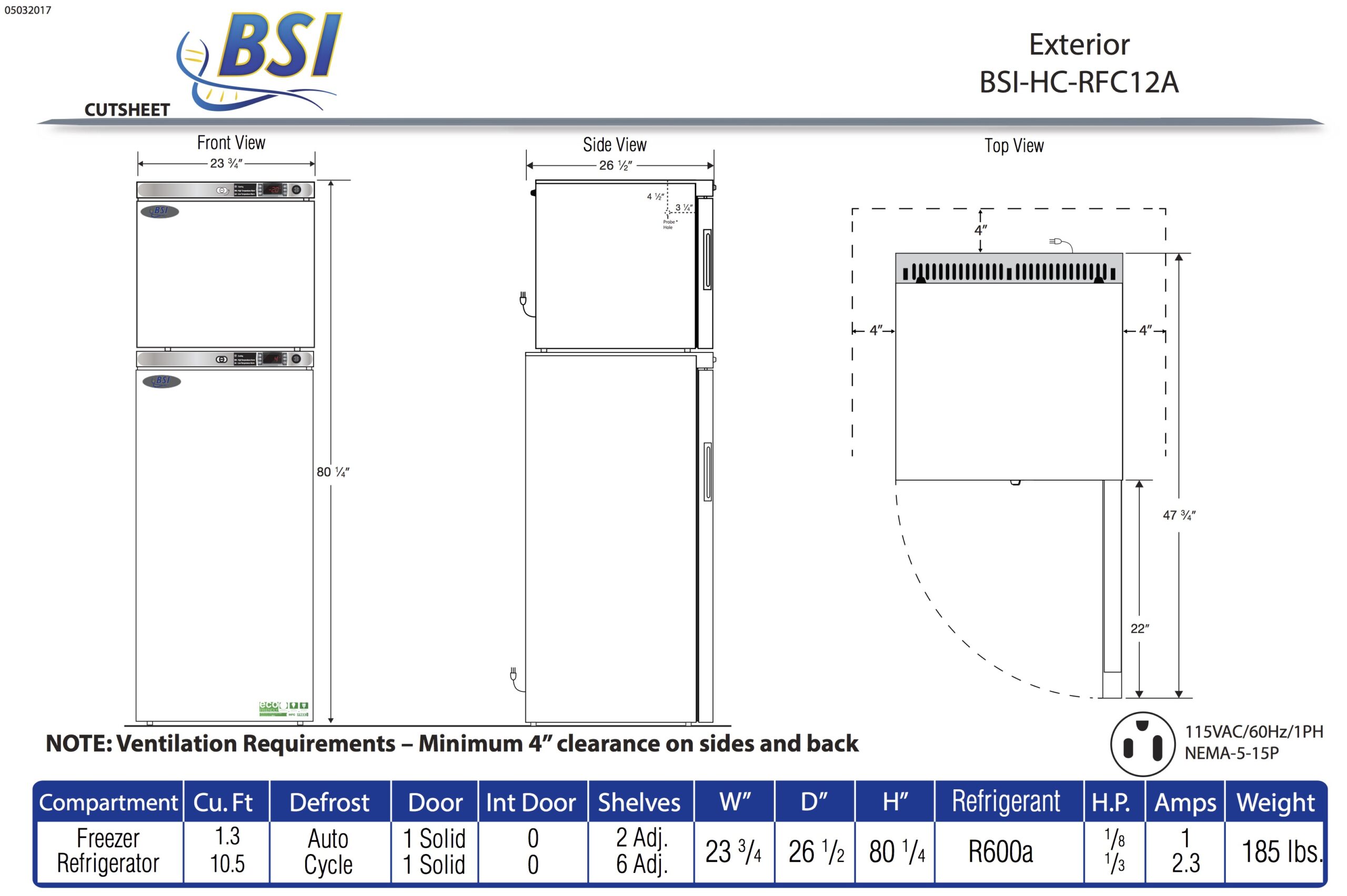 BSI Dual Temperature Solid Door Auto Defrost Refrigerator/Freezer 12