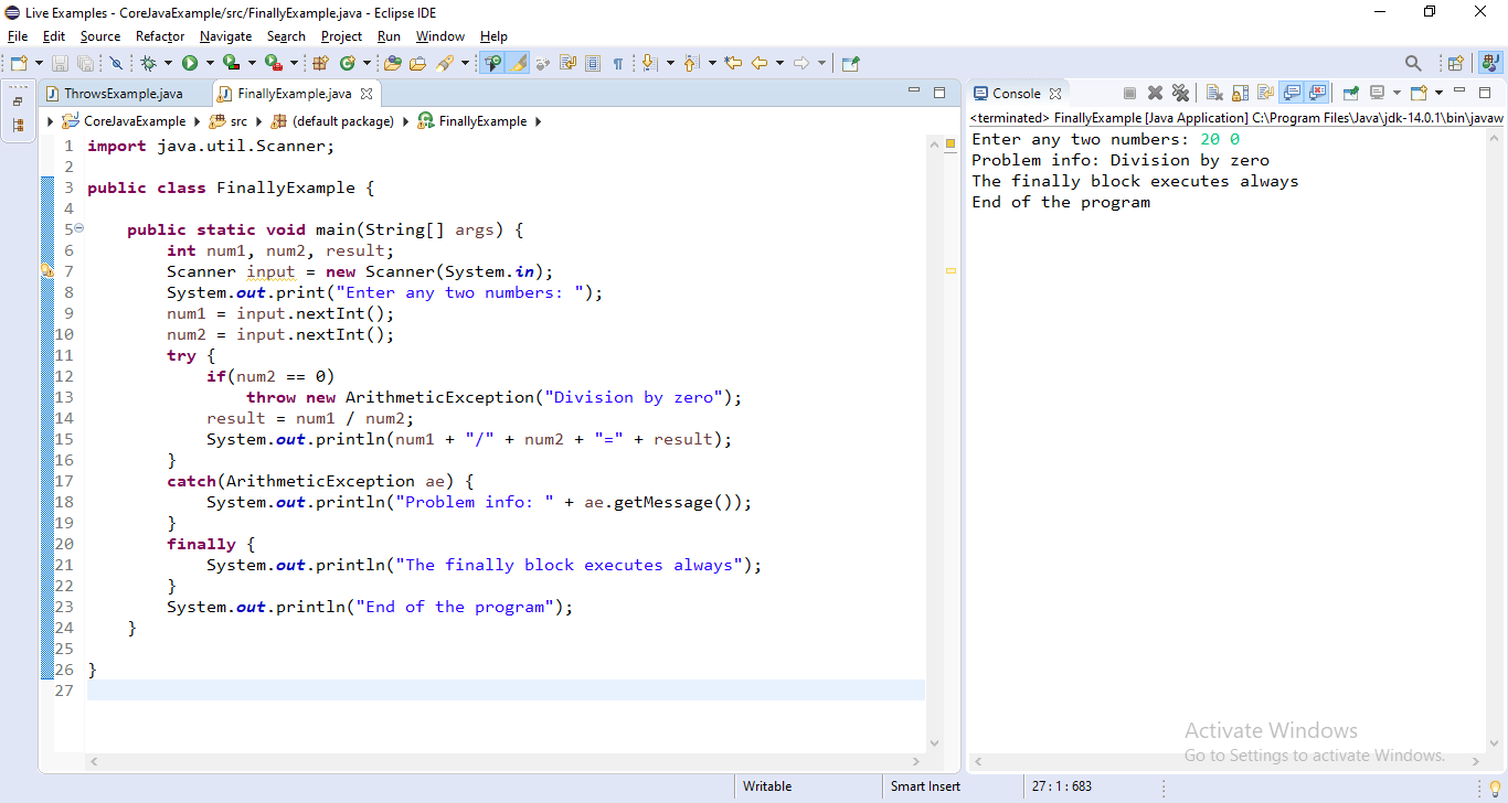 Java Tutorials try and catch keywords in Java