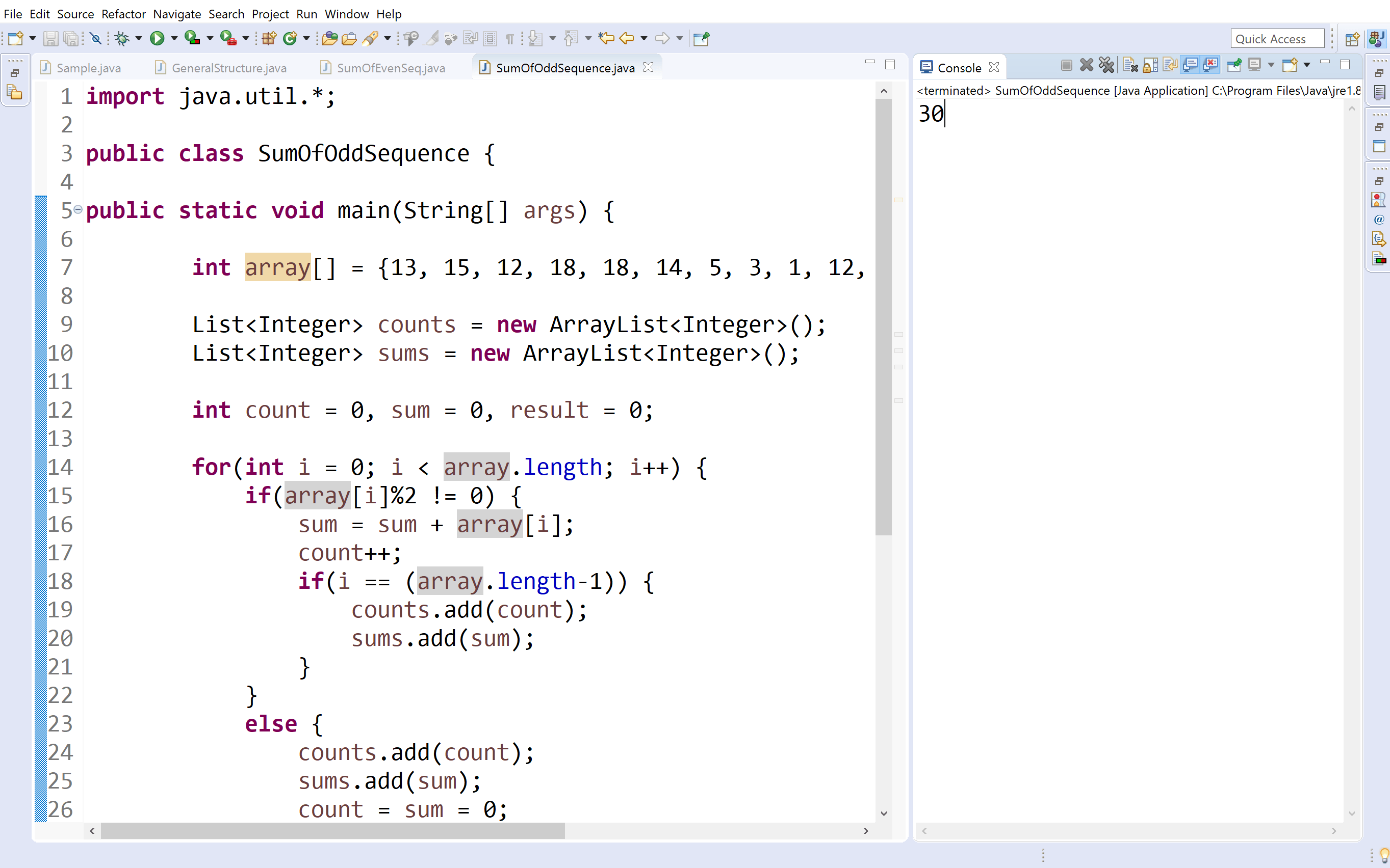 Java Tutorials Sum of longest sequence of odd numbers in an array
