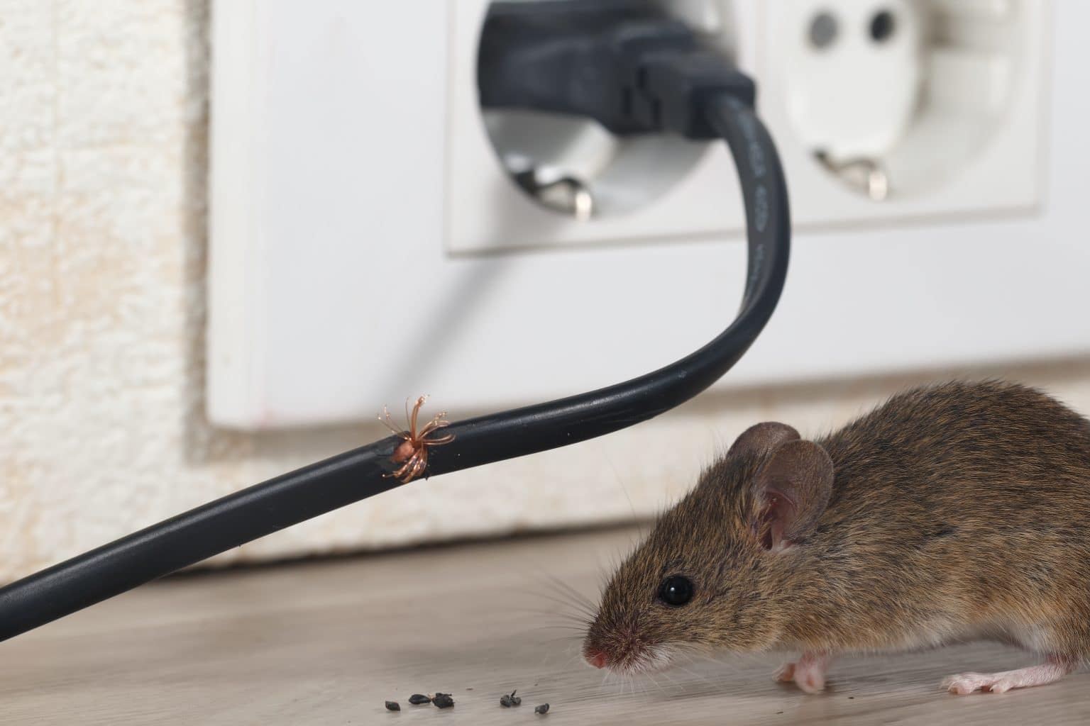 Closeup mouse sits near chewed wire in an apartment kitchen and
