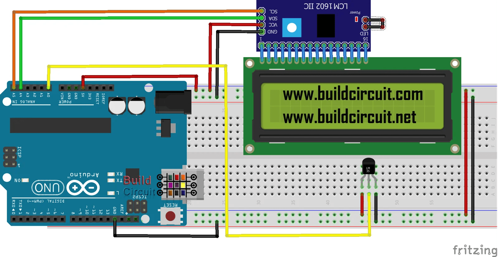 Temperature sensor using Arduino, LM35 and I2C LCD - BuildCircuit.COM