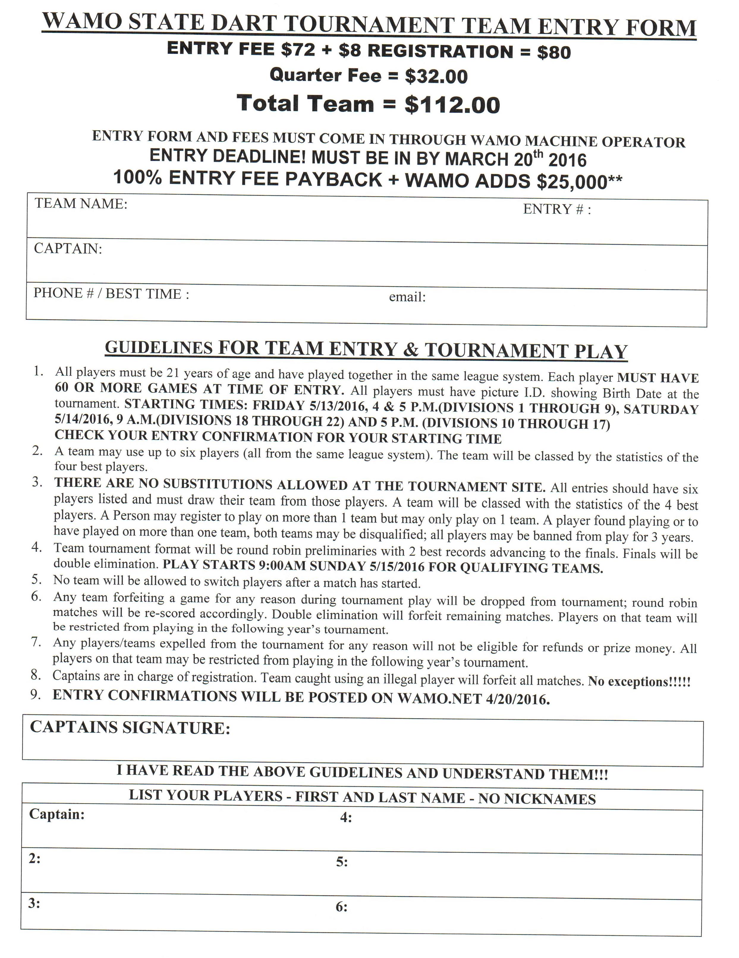 Leagues News Bullseye Games > WAMO State Dart Entry Forms