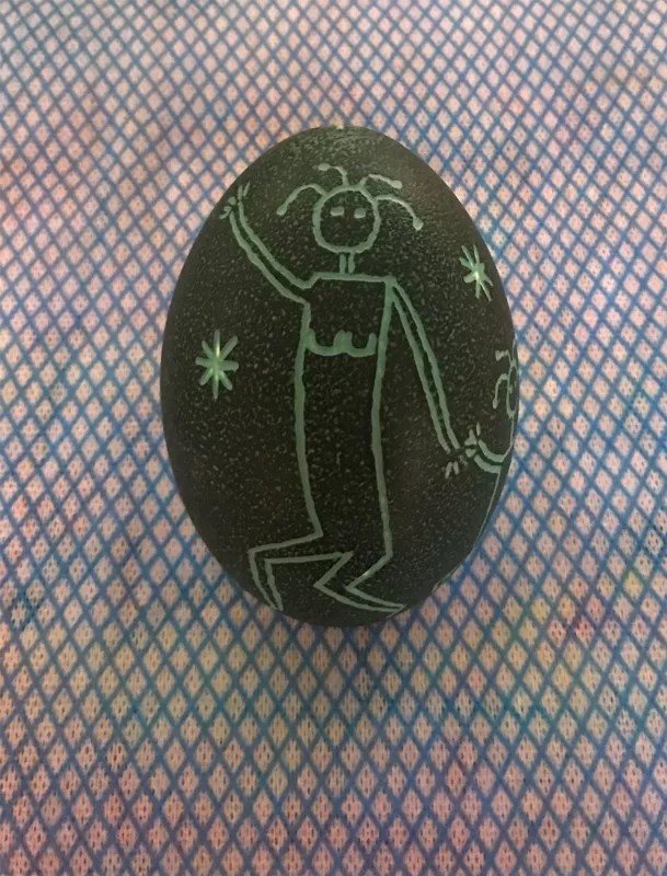 EMU EGG CARVED, WOMAN & CHILD DANCING UNDER STARS Bundyi Aboriginal