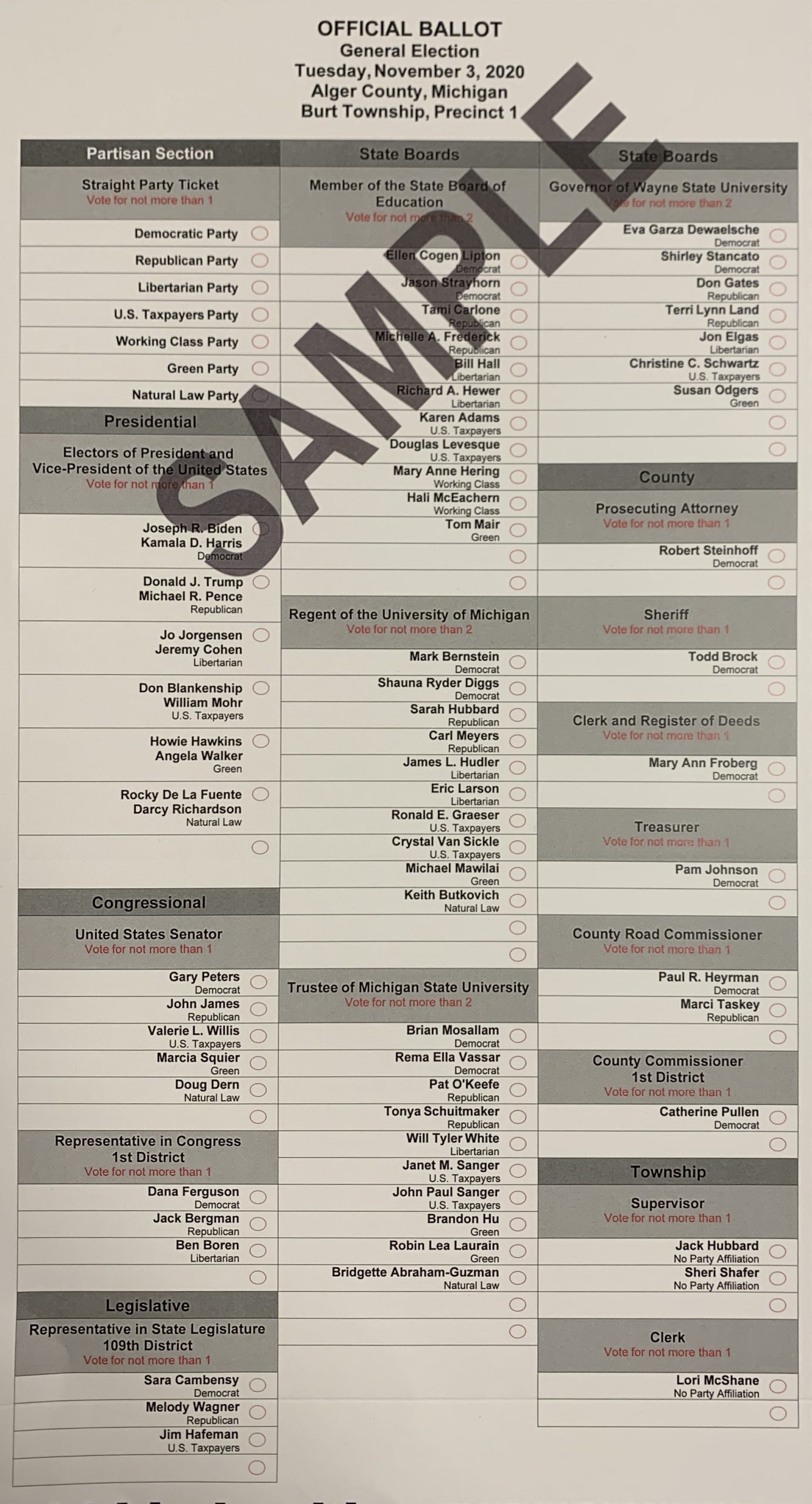 2020 General Election Sample Ballot Burt Township Grand Marais, MI