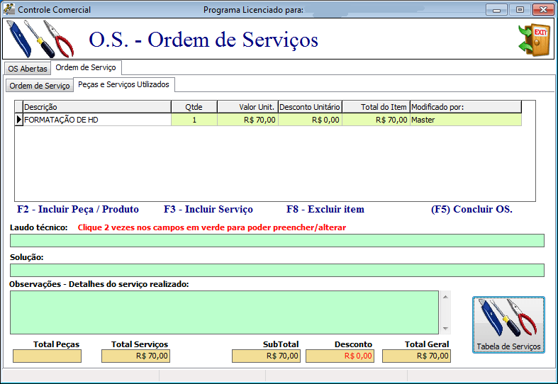 Programa Ordem De Serviço, Caixa, Equipamentos, Financeiro BITS