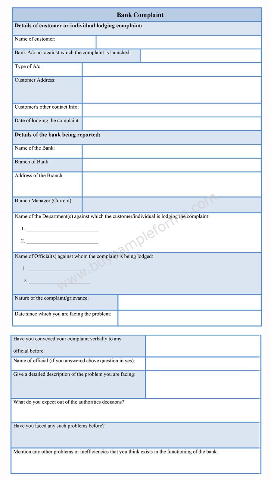Bank Complaint Form