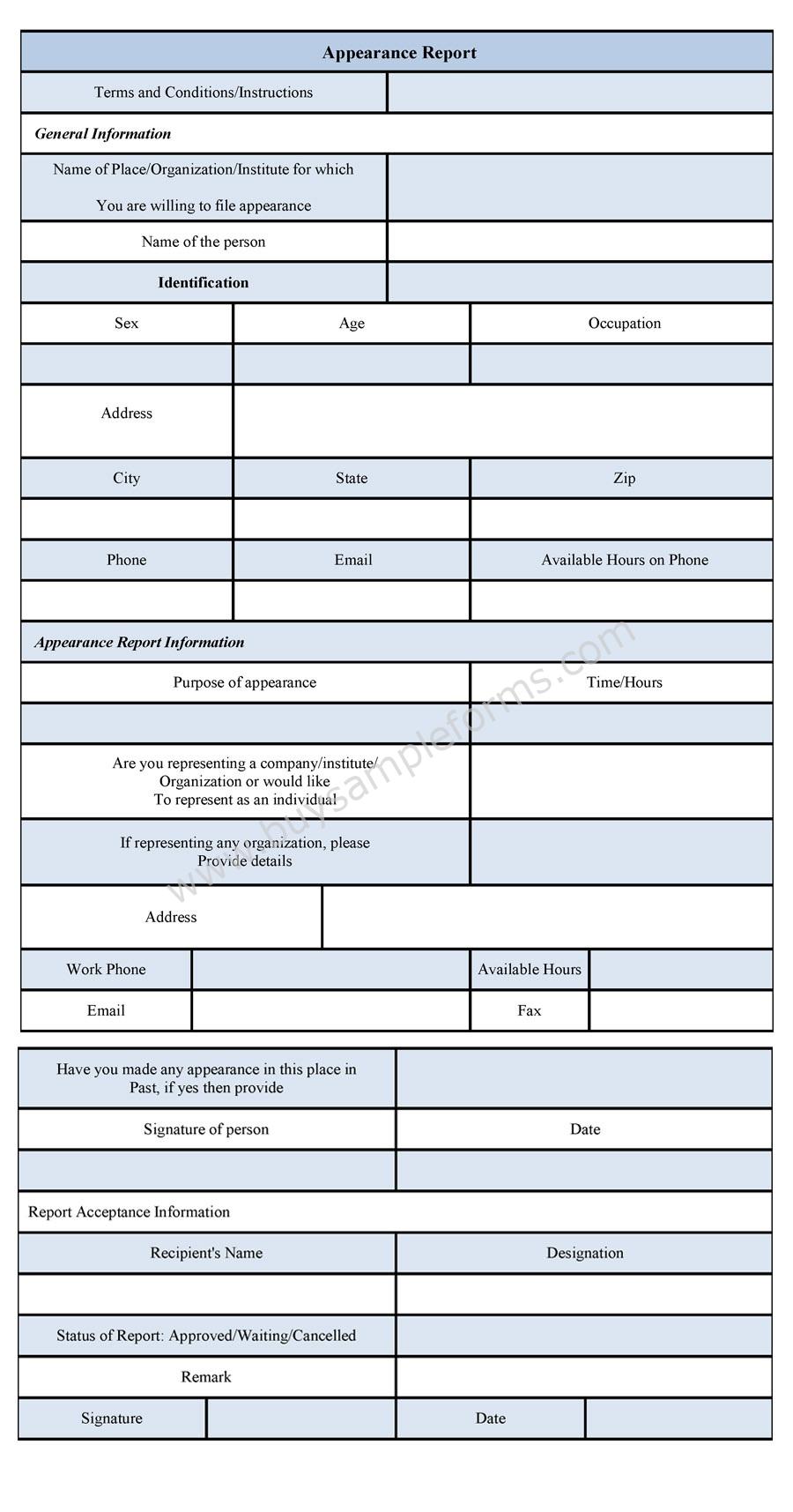 Appearance Report Form