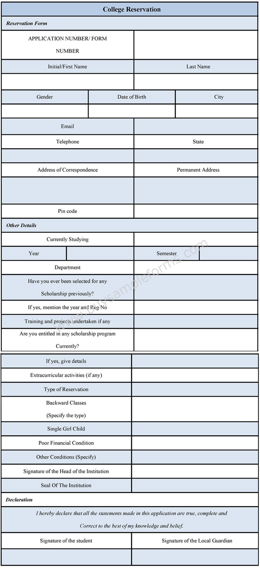 College Reservation Form Sample Forms