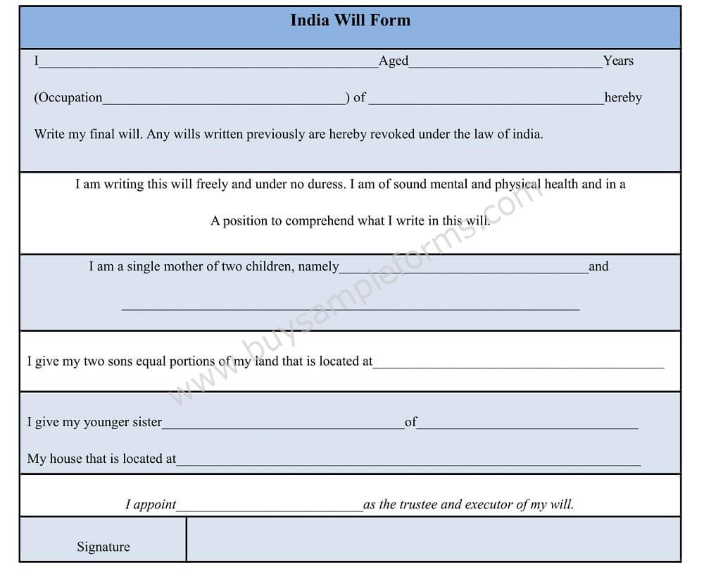 Sample Format of Will Form in india